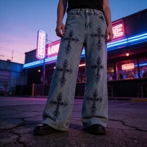 Gothic Cross Patch Wide Leg Jeans Grey Faded Denim Baggy Y2K Streetwear Emo